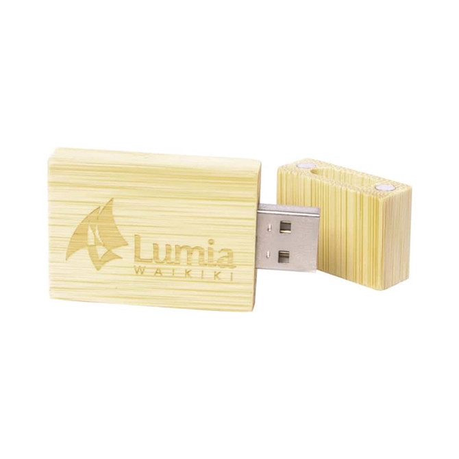 A bamboo USB drive featuring a silver connector and a logo, showcasing natural hues of light and dark bamboo.