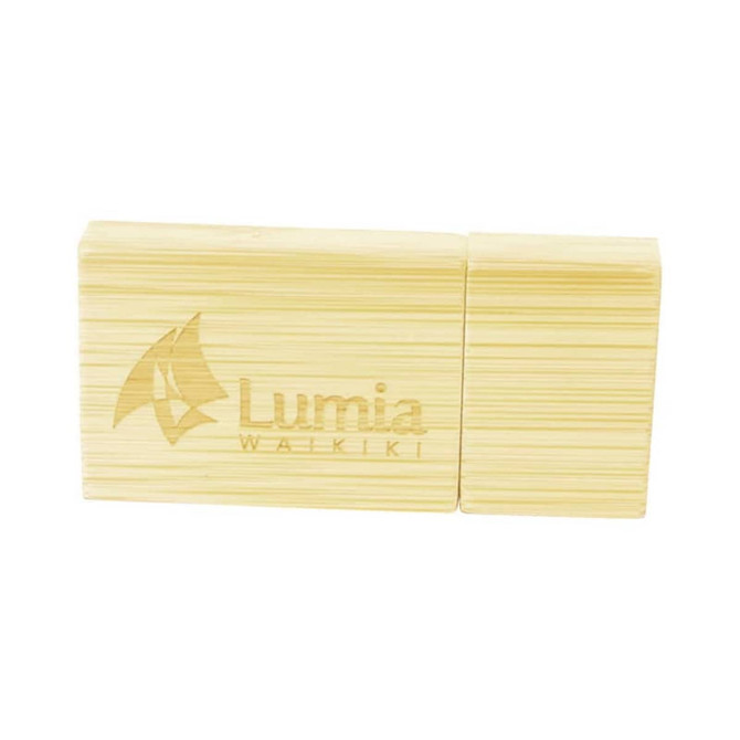 A bamboo USB drive in a natural yellow colour with a logo on the surface, featuring a sleek and rectangular design.