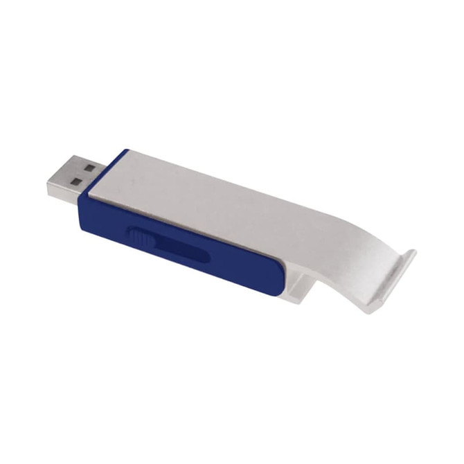 A drink bottle opener with a silver flash drive and a blue sliding mechanism, featuring a logo.