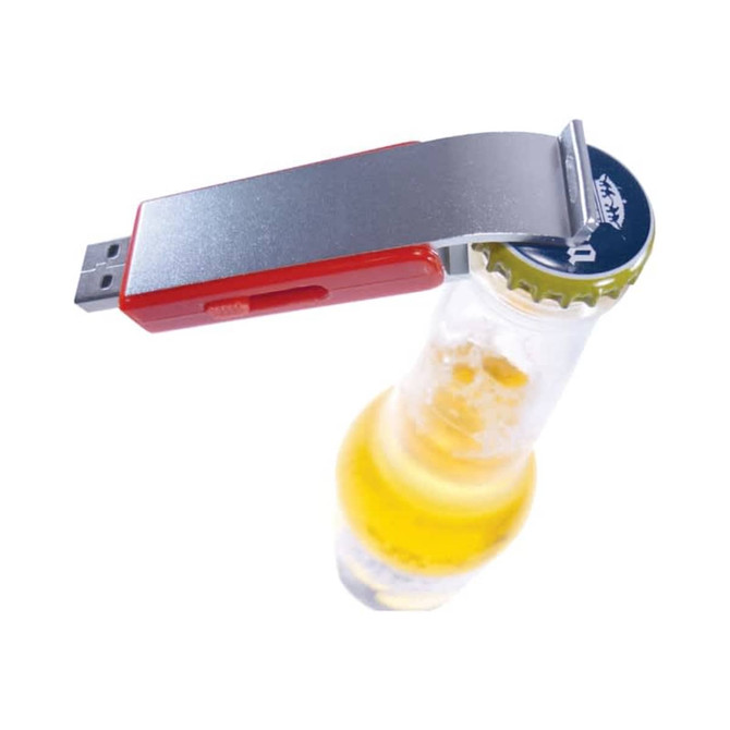 A drink bottle with a silver bottle opener attached, featuring a red casing and a flash drive.