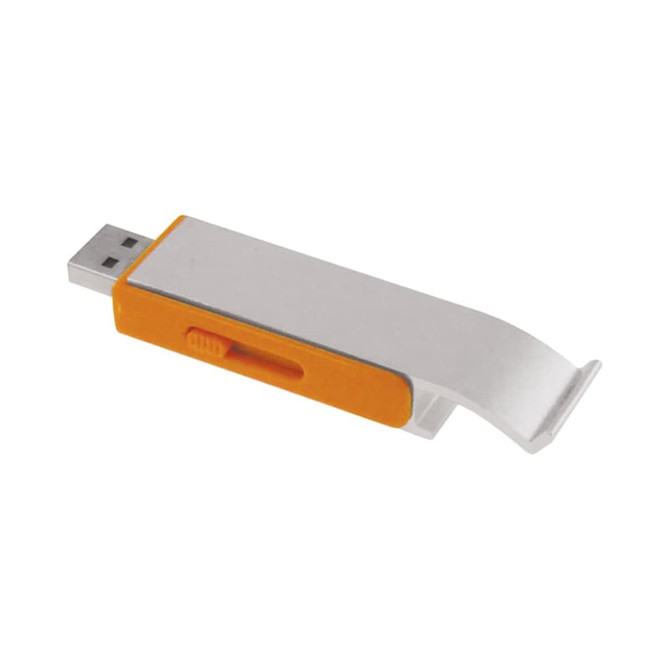 A drink bottle opener and flash drive in orange and silver, featuring a logo on the side.