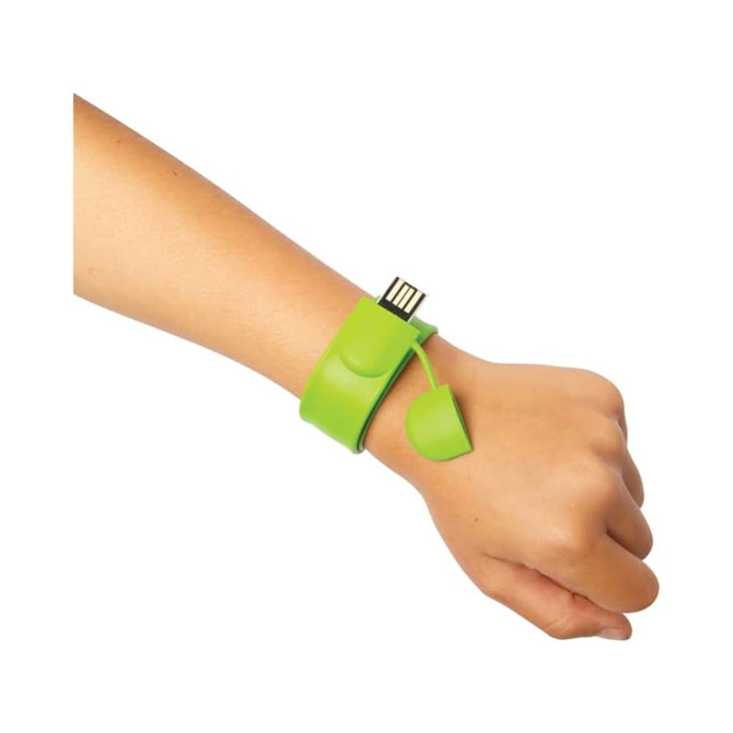 A green USB flash drive designed as a slap bracelet, worn on a wrist with a removable cap.