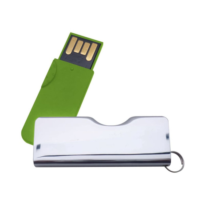 A green and silver flash drive with a sleek design and a keyring attachment, featuring gold connectors.