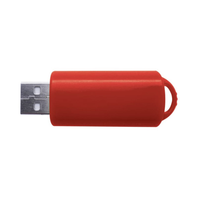 A red Retractor2 Flash Drive with a sleek design and a metal USB connector. It features a logo on the body.
