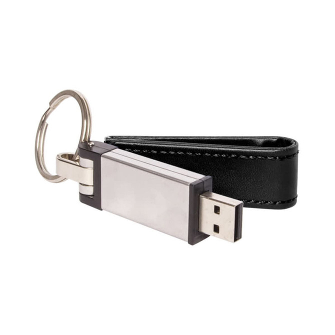 A silver USB flash drive with a black PU leather wrap, attached to a keyring.