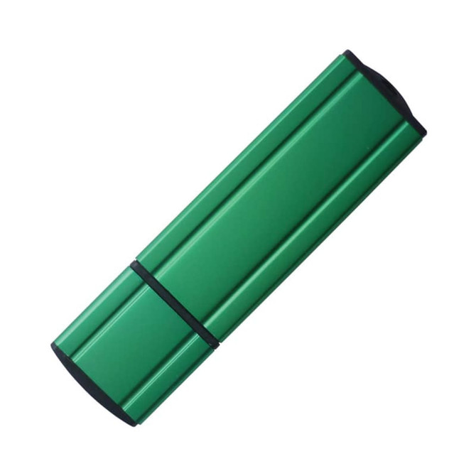 A green Permalite Flash Drive with a sleek design and black end caps, featuring a logo.
