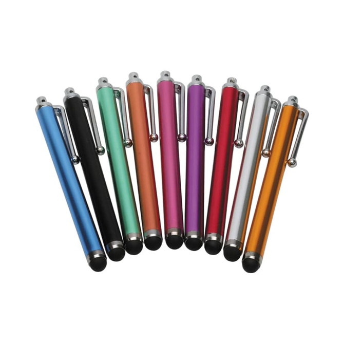A collection of stylus pens in various colours, including blue, green, orange, purple, red, and silver, with a clip and a rounded tip.