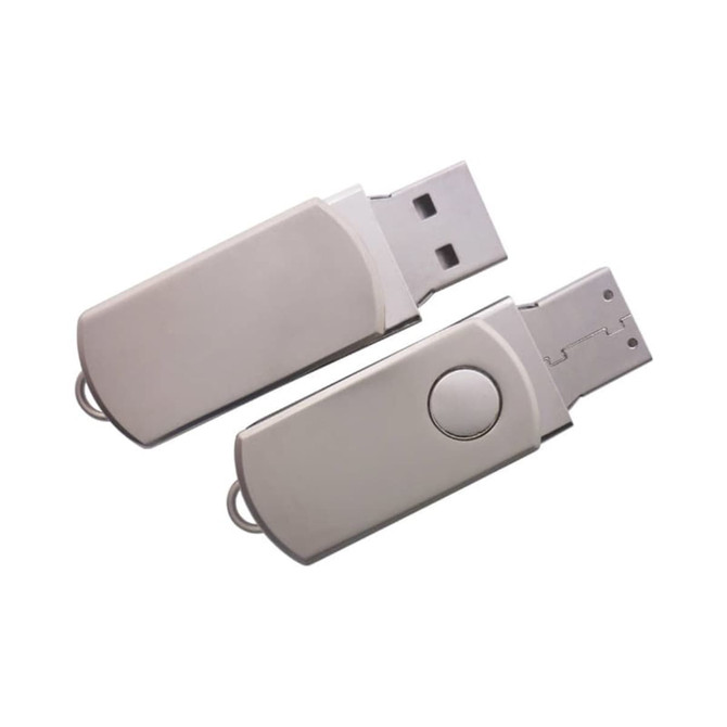 A silver flash drive with a swivel design and a button, featuring a logo on one side.