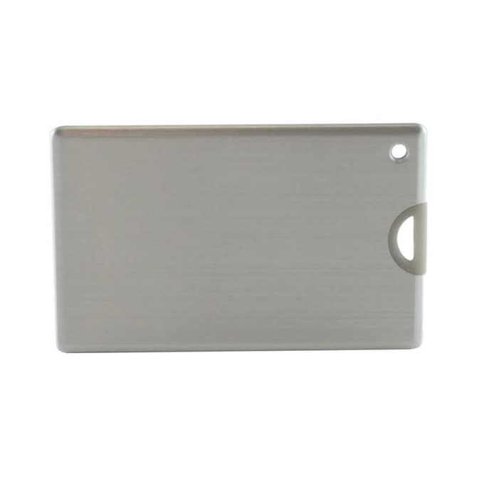 A sleek silver credit card-sized flash drive with a rounded corner and a hole for attachment, featuring a logo.
