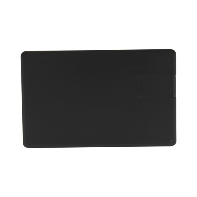 A black credit card-shaped flash drive with a rectangular design and a small slot for connectivity.