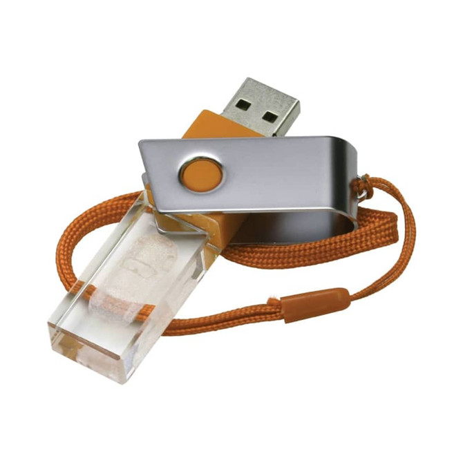 A 3D crystal swivel flash drive in a clear and silver design, featuring an orange strap for easy carrying.