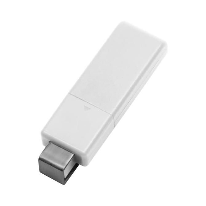 A white flash drive with a silver connector. The product features a simple, sleek design and has a logo.