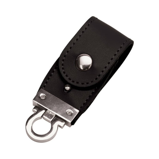 A black PU leather flip drive with a silver metal clip and snap closure, featuring a logo.