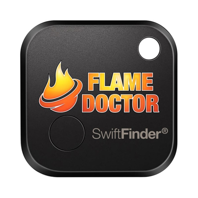 A black smart tag tracker featuring a logo and a round button on the front.