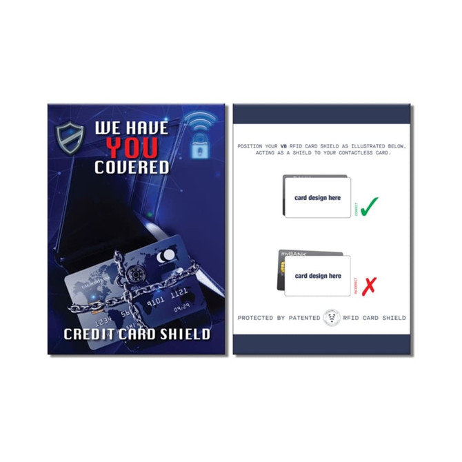A promotional image featuring a black RFID card shield with a logo, set against a blue background.