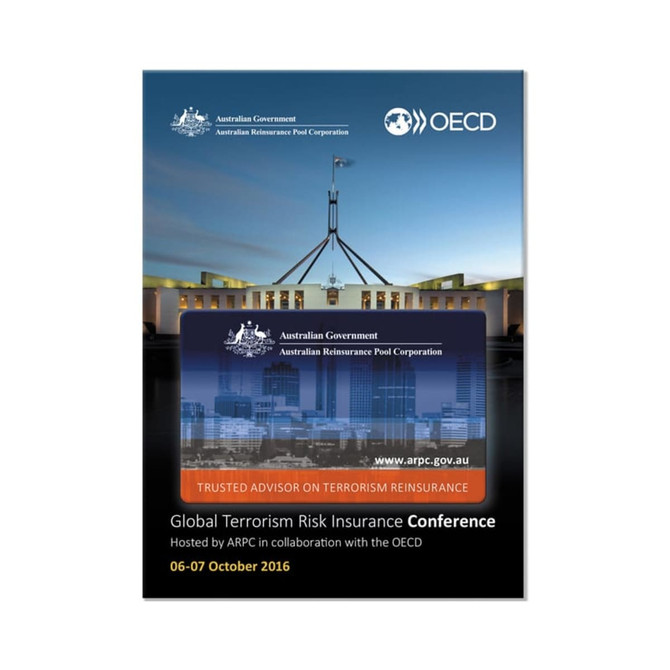 A promotional poster featuring the Australian Government and OECD logos, with a dark background and an image of Parliament House.
