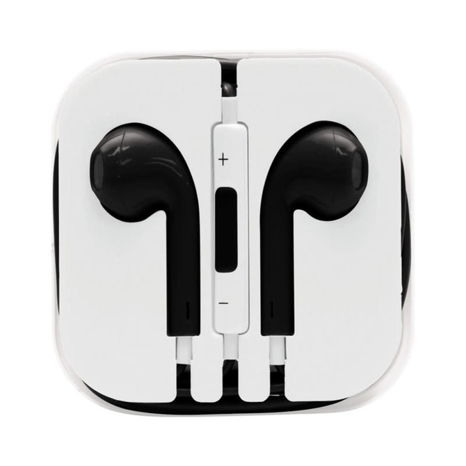 Black Razor Cabled Earphones neatly stored in a white case, featuring a control panel in the centre.