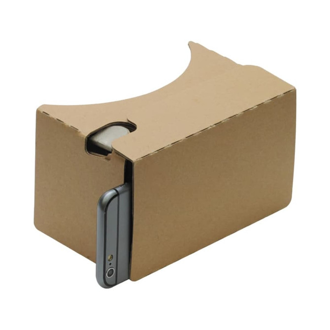 A pair of virtual reality glasses made of cardboard, featuring a slot for a smartphone and a simple design.