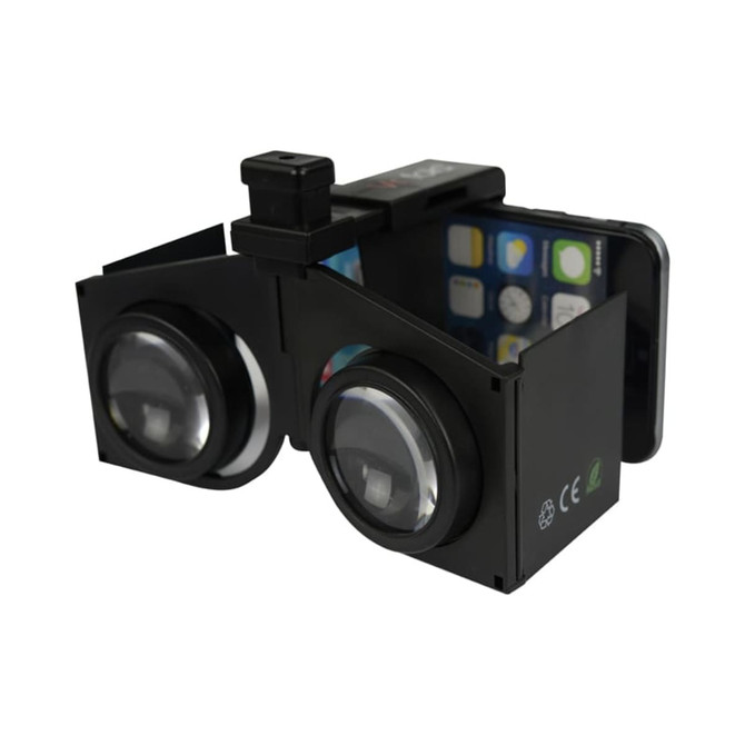 Foldable black VR glasses with large lenses, designed to hold a smartphone for immersive viewing experiences.