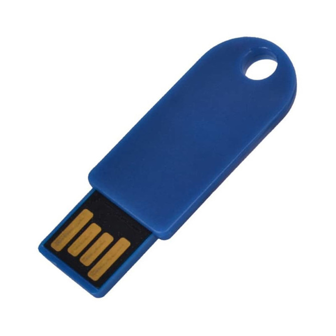 A blue flash drive with a slot for a keyring and gold connectors at one end. It has a logo on the surface.