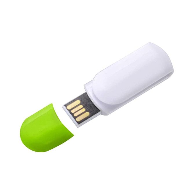 A white flash drive with a green cap, featuring a USB connection and a compact design.