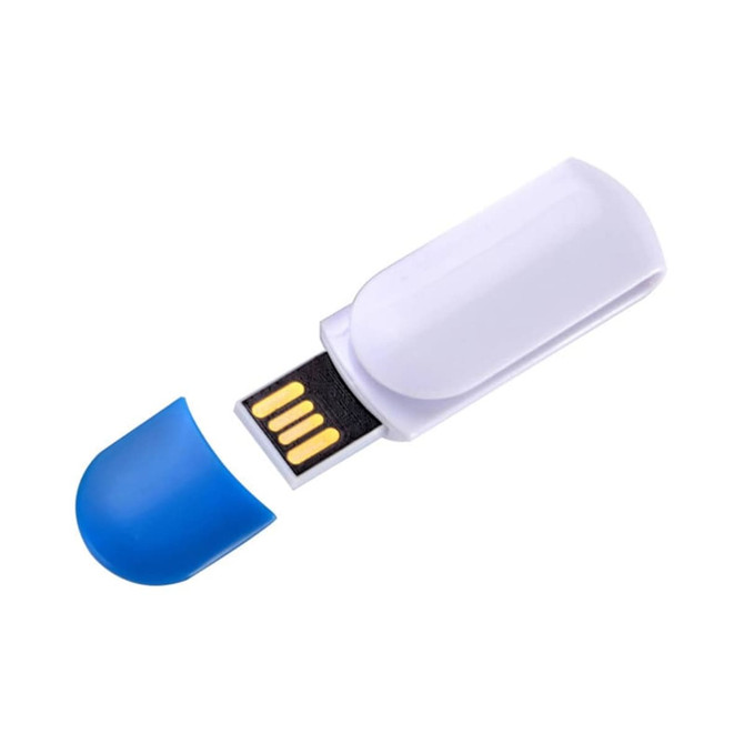 A white flash drive with a blue cap, featuring a USB connector and a logo on the casing.