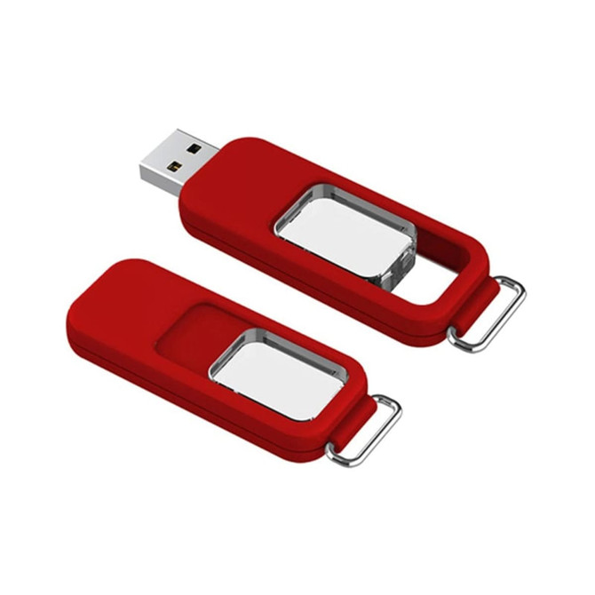 A red flash drive with a metallic section, featuring a keyring attachment for convenience.