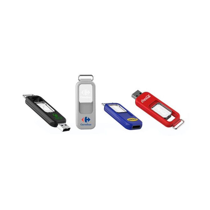 A collection of four flash drives in black, grey, blue, and red, each featuring a logo and distinct designs.
