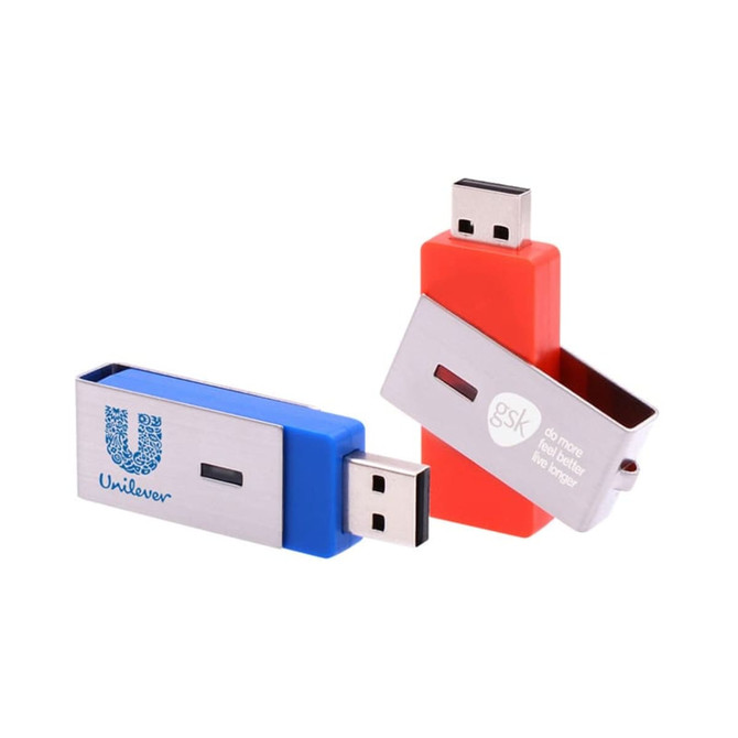 A blue and red Ginan Swivel Flash Drive with branding logos on a silver body. The drives are positioned to show their swivel design.