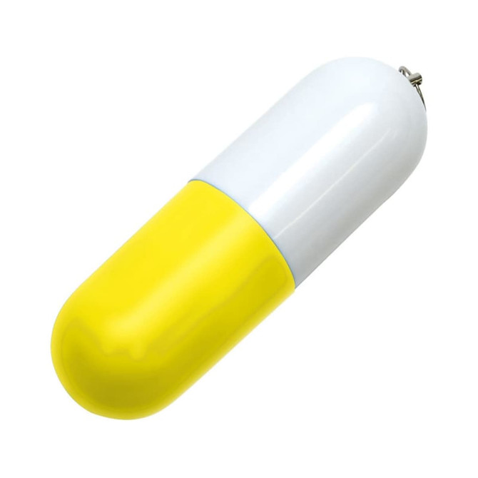 A yellow and white capsule-shaped flash drive with a silver connector at one end and a logo on the surface.