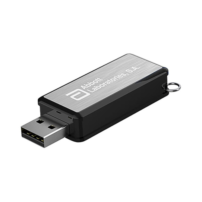 A black and silver USB flash drive with a logo, featuring a standard USB connector.