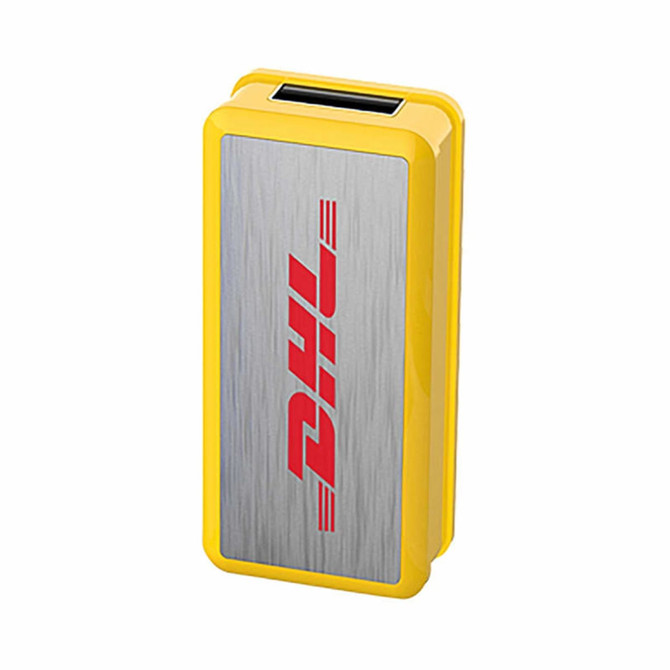 A yellow flash drive with a metallic silver front and a branding logo.