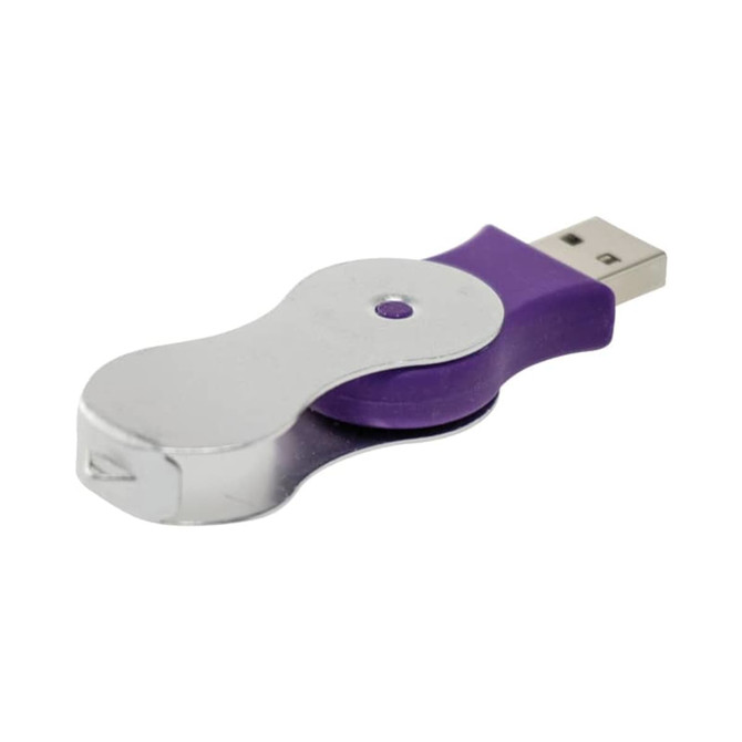 A purple and silver Halo Swivel Flash Drive with a rotating design and a USB connector. It features a branding logo.