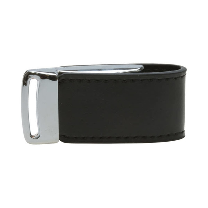 A black leather flash drive with a shiny metal clip. It features a minimalist design and has a branding logo.