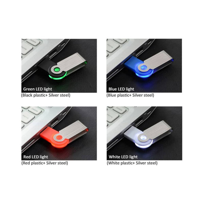 A flash drive with multiple LED light options: green, blue, red, and white. It features a silver metal casing.