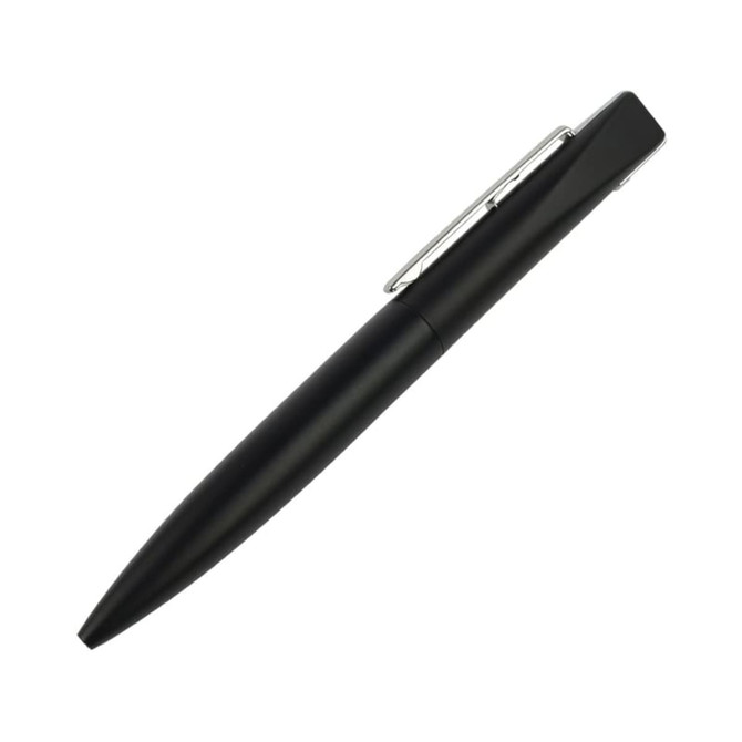 A black metal pen with a sleek design and a chrome clip, featuring a logo on the side.