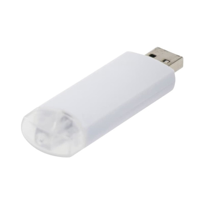 A white flash drive with a clear cap and a USB connector, featuring a brand logo.