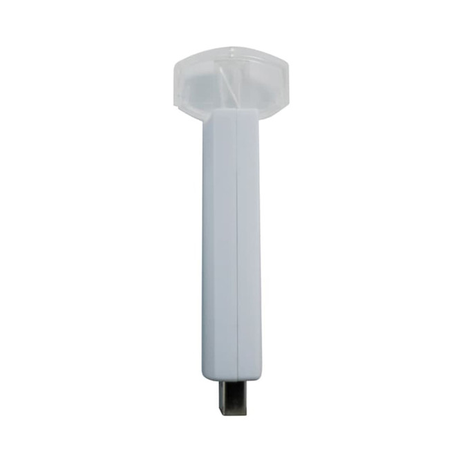 A flash drive in white with a clear protective cap; features a simple, modern design.