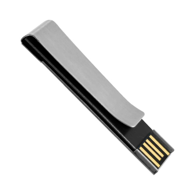 A sleek silver and black Intonium flash drive with a minimalist design and a built-in clip.