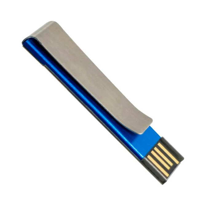 A blue flash drive with a metallic clip design, featuring a connector at one end and a logo on the clip.