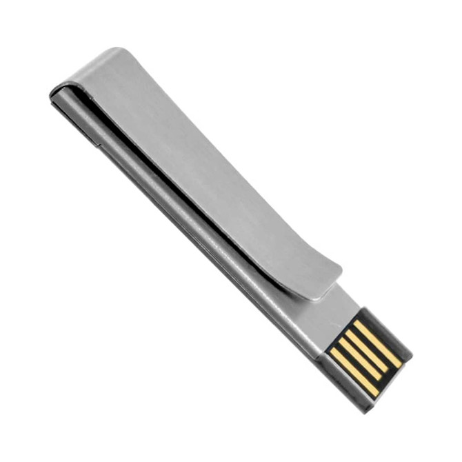 A silver flash drive with a sleek, clip-like design and a gold connector. It features a branding logo.