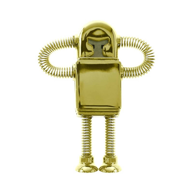 A gold robot-shaped flash drive with coiled arms and spring legs. The design features a shiny metallic finish.