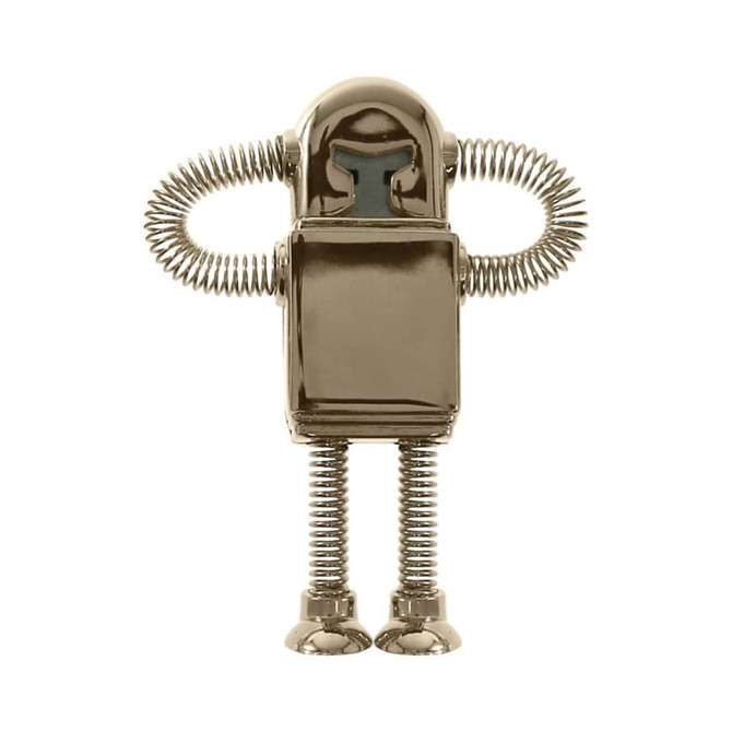 A metallic robot-shaped flash drive with flexible coil arms and legs, featuring a shiny silver finish.