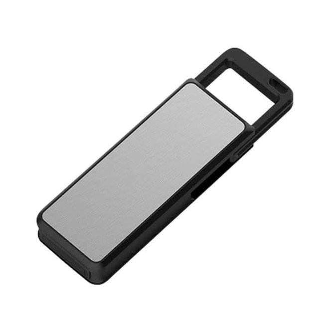 A sleek black flash drive with a brushed metal surface and a built-in loop for easy attachment.