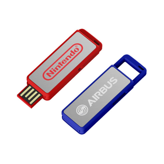 A red and blue flash drive with branding on both sides, featuring a USB connector.