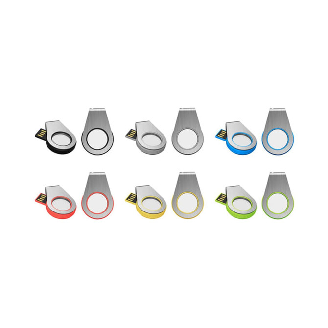 A collection of light-up flash drives in black, silver, red, blue, green, and yellow with a circular design and branding.
