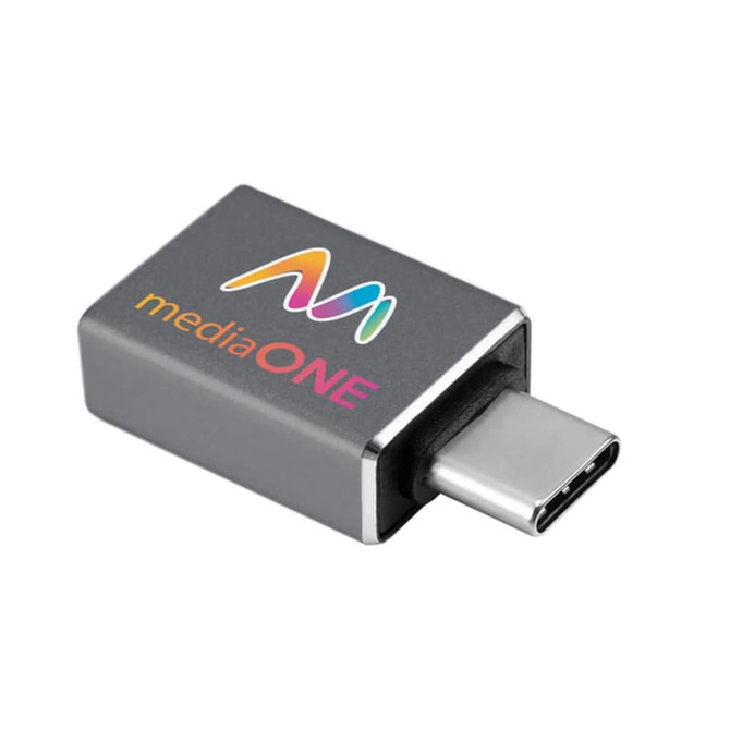 A grey USB 3.0 to Type-C adapter with a branding logo on one side.