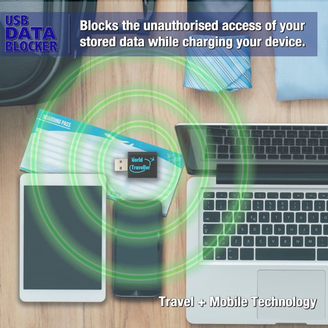 A USB data blocker in black, surrounded by a smartphone, laptop, and travel items, with a logo displayed.