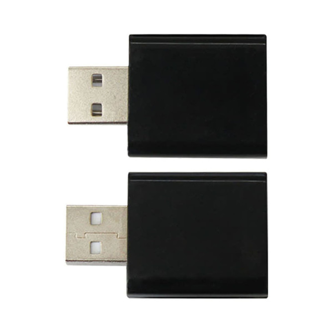 A black USB data blocker with two units stacked together, featuring a metallic USB connector on each end.