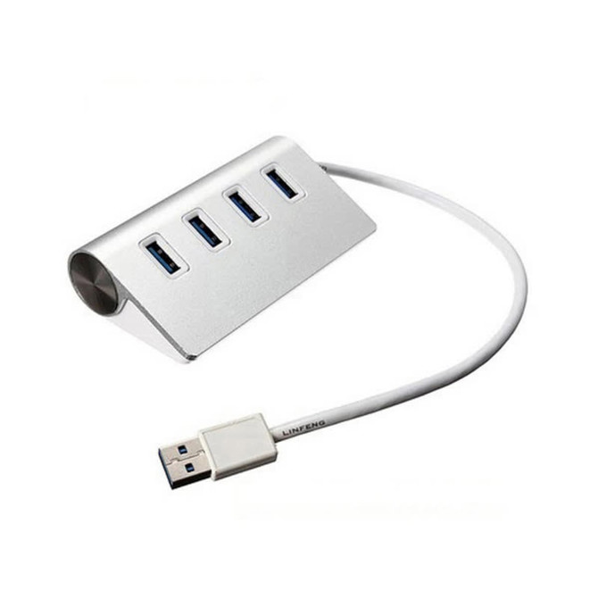 A silver USB hub with four ports and a connecting cable, featuring a sleek, angled design.